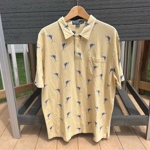Polo Ralph Lauren Yellow w Blue Swordfish Print Short Sleeve Polo Shirt Size XL